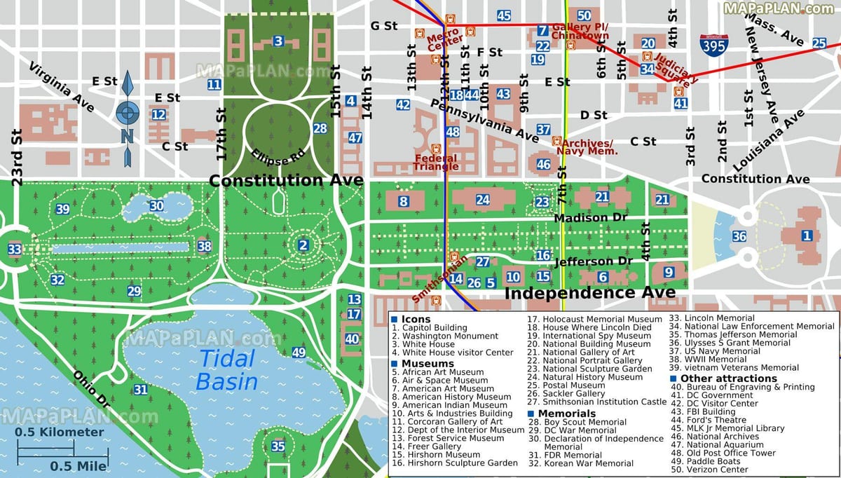 mapa washingtonu, dc hlavní atrakce