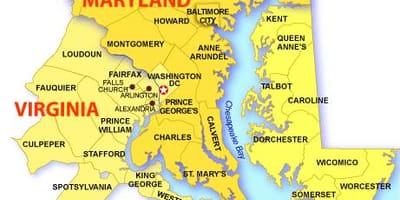 Mapa dc, maryland a virginie